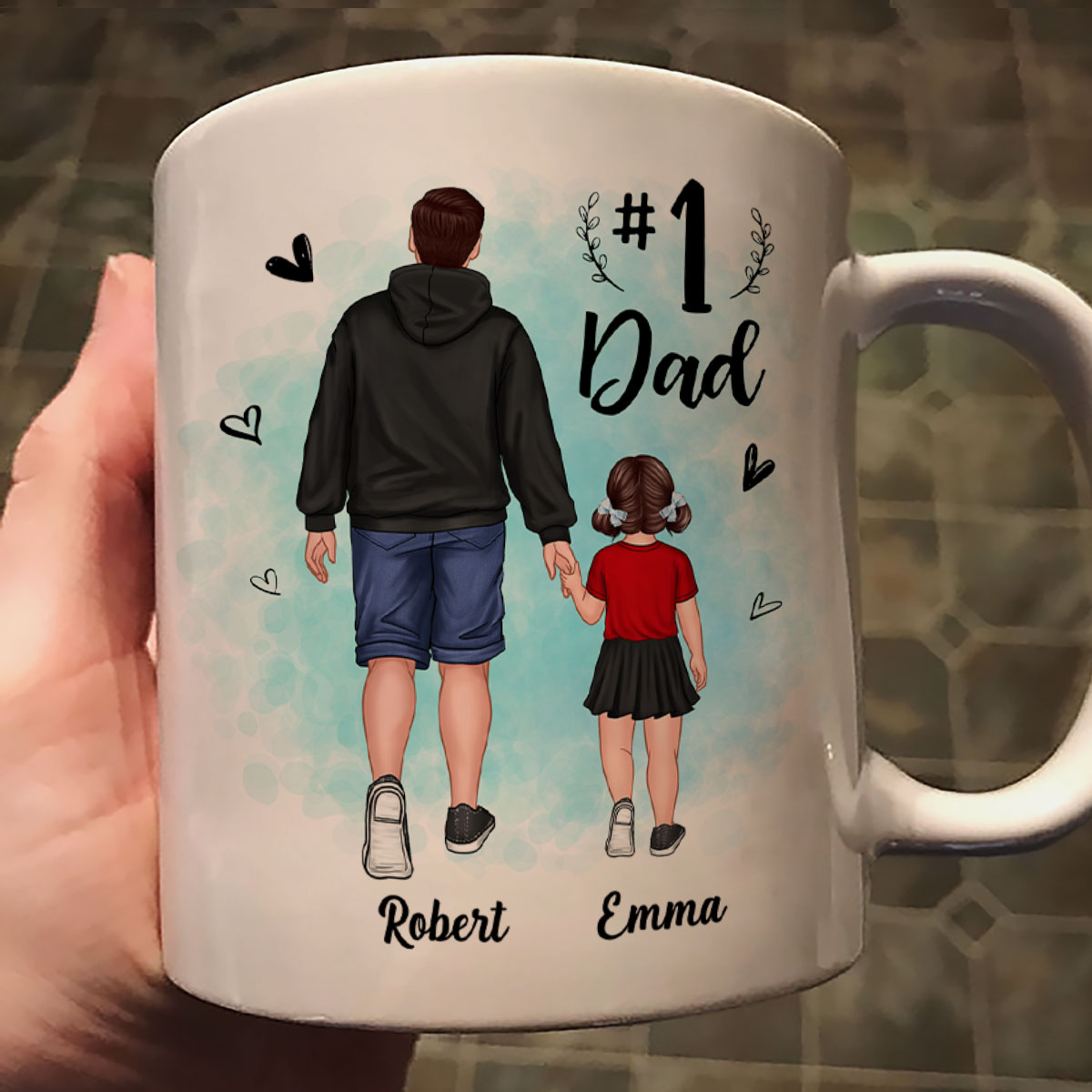 Watercolor Back View Dad And Son Daughter Kids Walking #1 Dad Personalized Mug