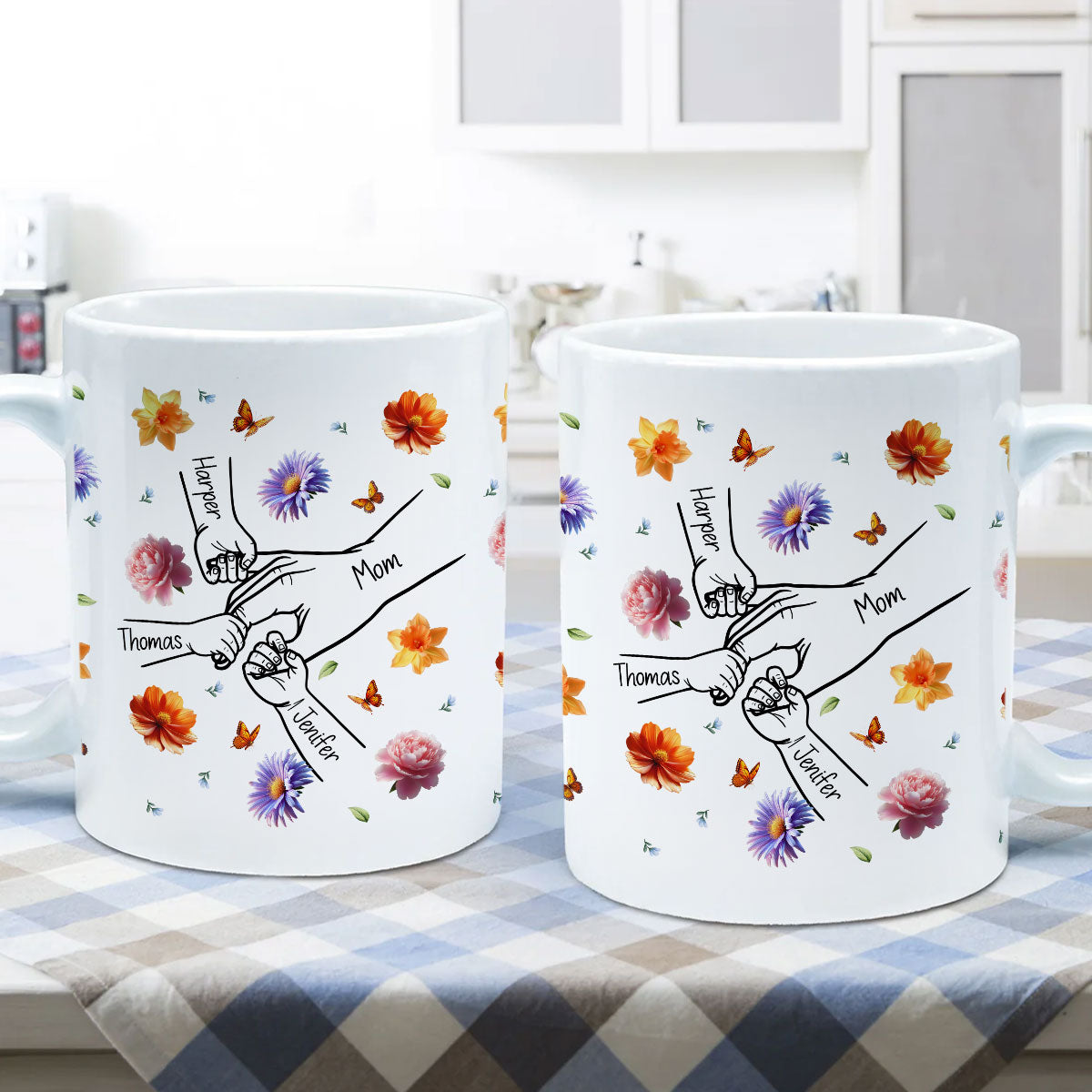 Grandma Mom 3D Effect Birth Flower Kids Holding Hand Outline Personalized Mug