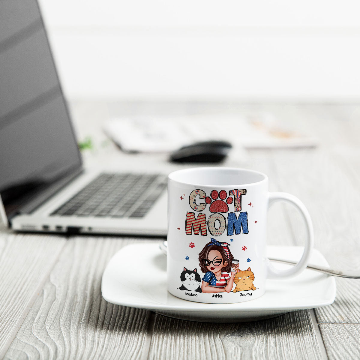 Cat Mom 4th of July America Sparkly Pattern Personalized Mug, Independence Day