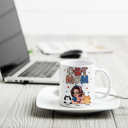 Cat Mom 4th of July America Sparkly Pattern Personalized Mug, Independence Day