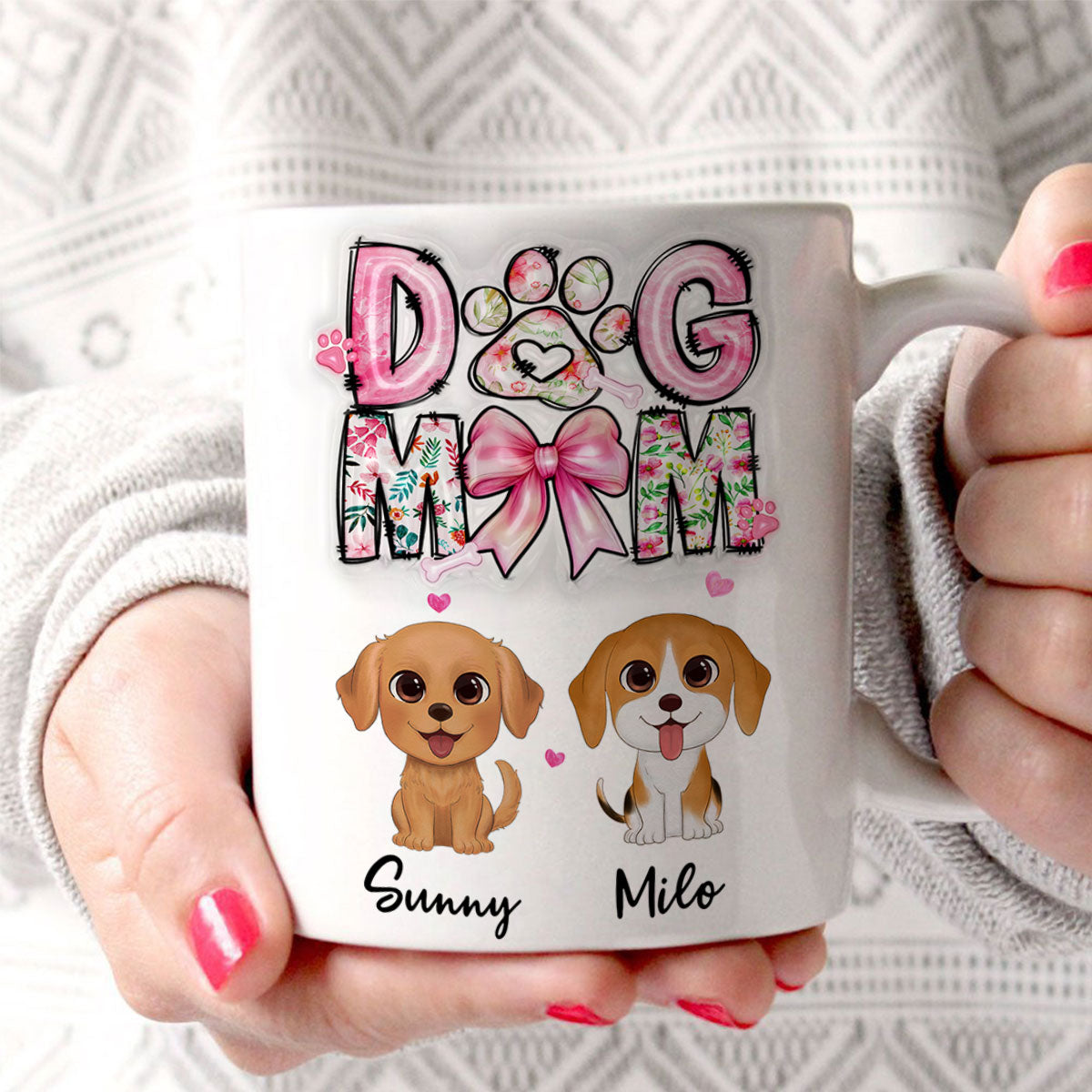Dog Mom Pink Coquette Personalized 3D Inflated Mug, Watercolor Cute Dog, Gift for Dog Moms
