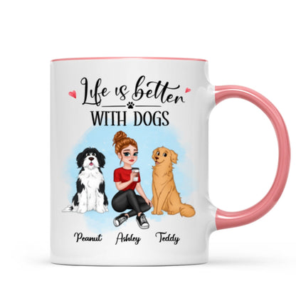Life Better With Dog Pretty Cartoon Woman & Sitting Dog Personalized Mug