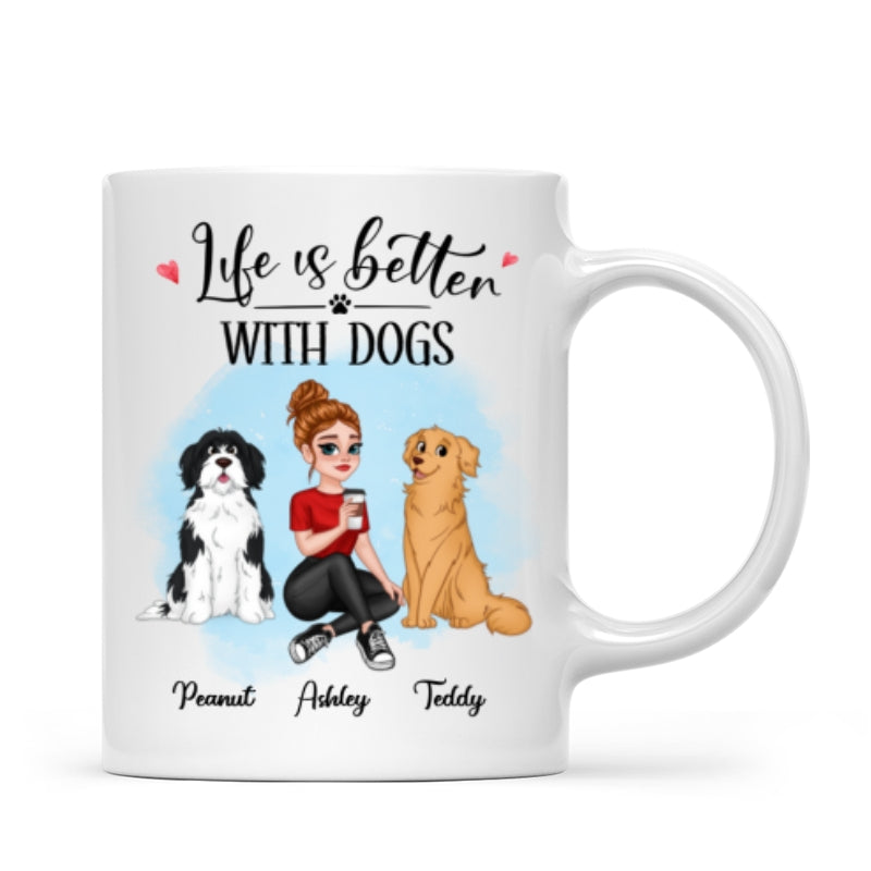 Life Better With Dog Pretty Cartoon Woman & Sitting Dog Personalized Mug