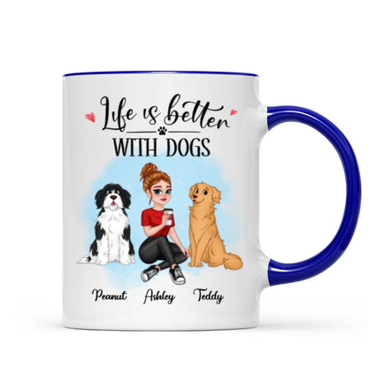 Life Better With Dog Pretty Cartoon Woman & Sitting Dog Personalized Mug