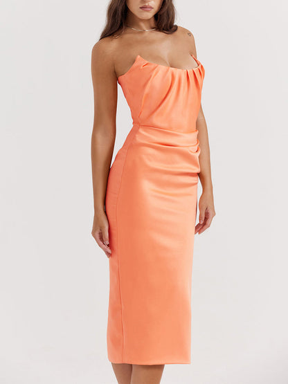 Strapless Corset Ruched Peaked Neck Midi Dress