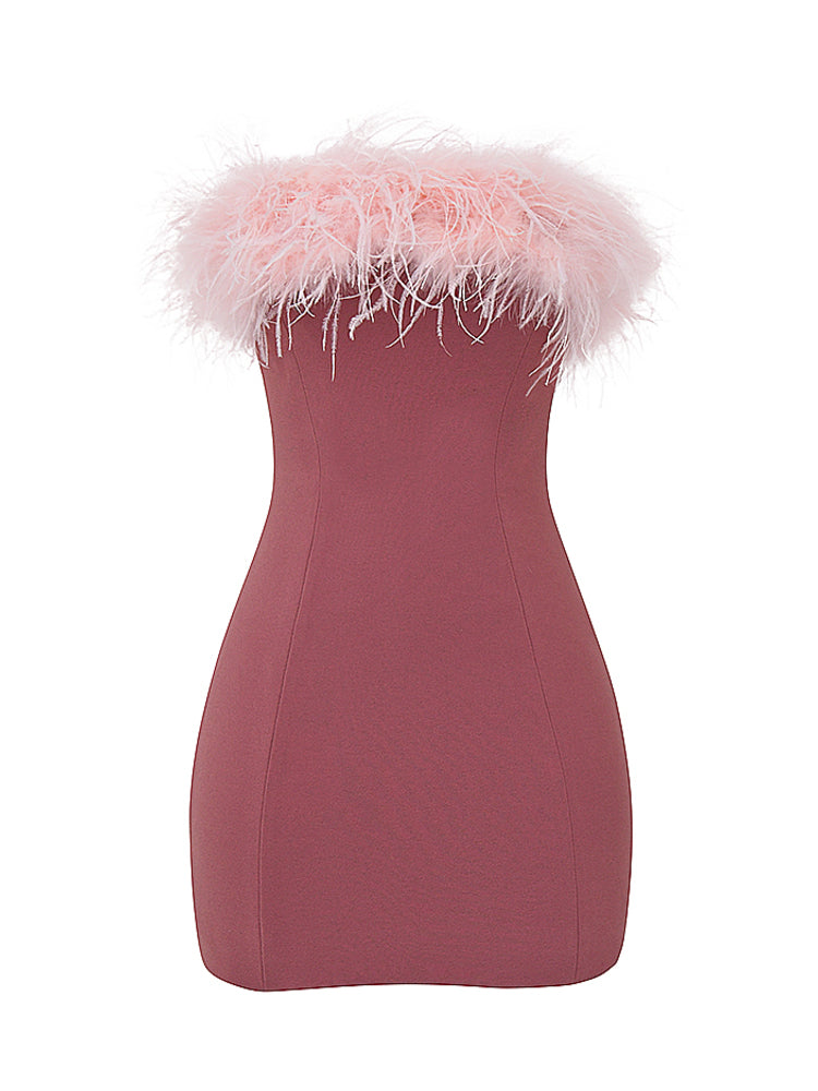 Pink Feather Trim Strapless Mini Dress