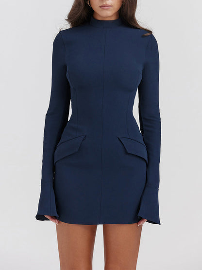 Navy Fluted Cuffs Long Sleeve Bodycon Mini Dress