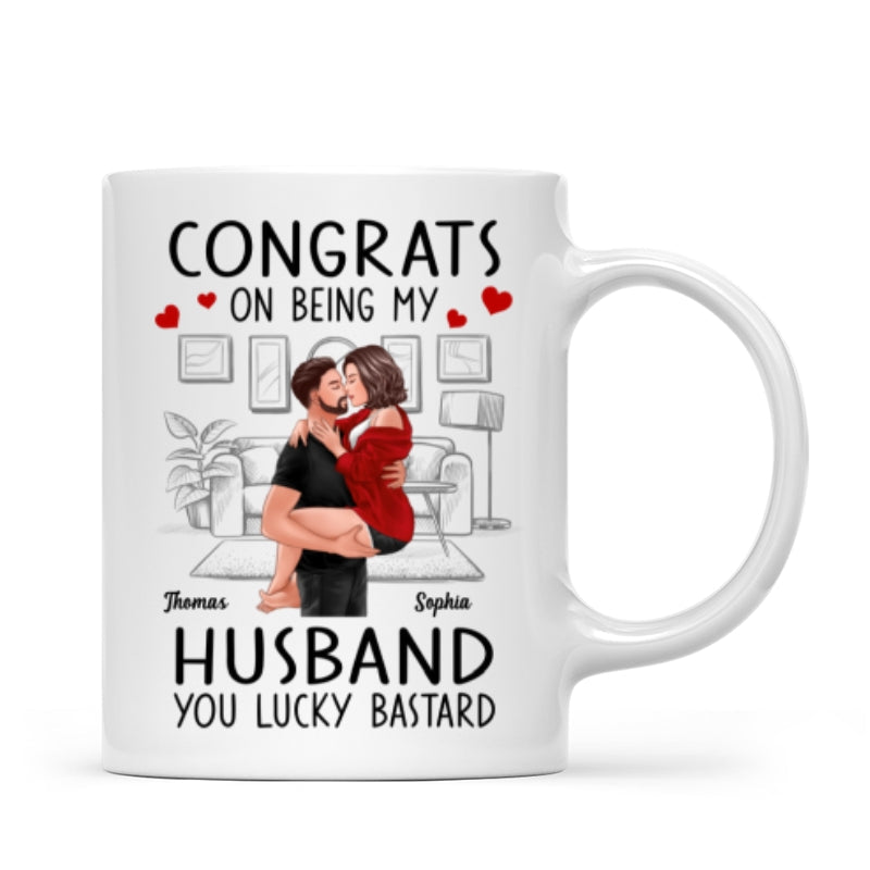Congrats On Being My Boyfriend Husband Man Holding Woman Kissing Personalized Mug