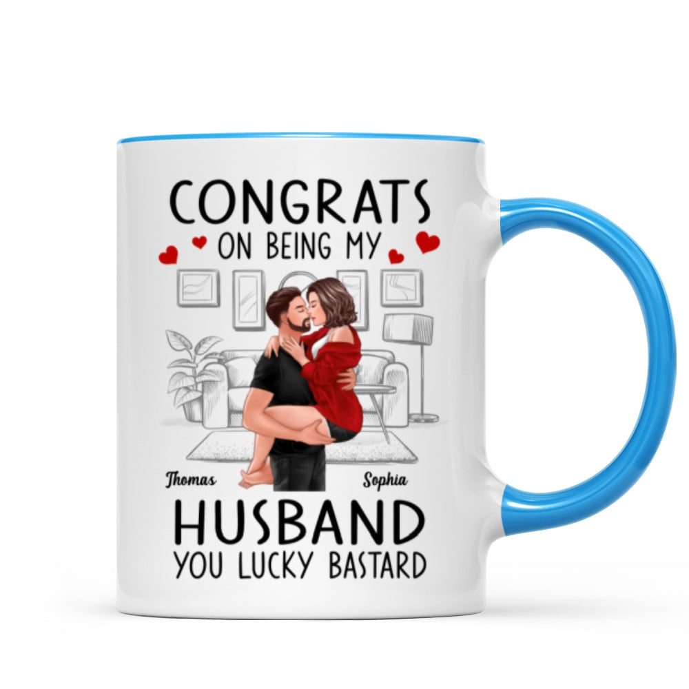 Congrats On Being My Boyfriend Husband Man Holding Woman Kissing Personalized Mug