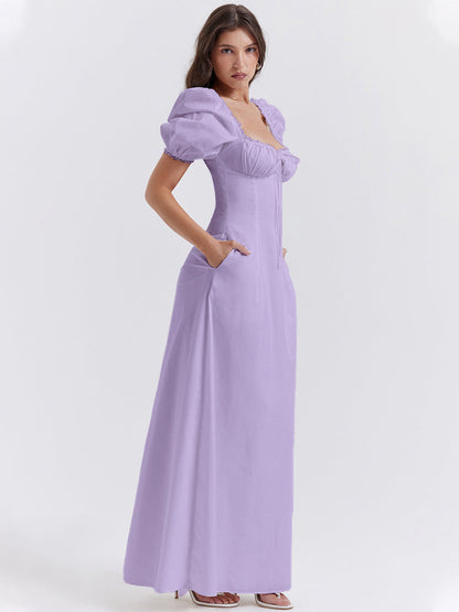 Lavender Square Neckline Puff Sleeves Maxi Dress