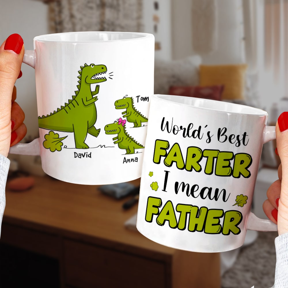 World's Best Farter I Mean Father, Personalized Mug, Gift For Dad, Father's Day Gift, Dinosaur Dad And Kids Mug