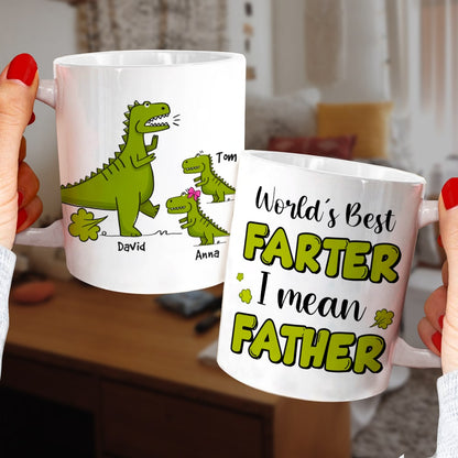 World's Best Farter I Mean Father, Personalized Mug, Gift For Dad, Father's Day Gift, Dinosaur Dad And Kids Mug