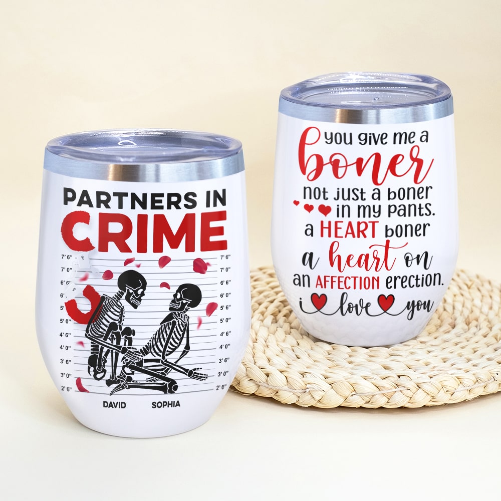 Partners In Crime-Gift For Couple-Personalized Wine Tumbler-Skull Funny Couple Wine Tumbler