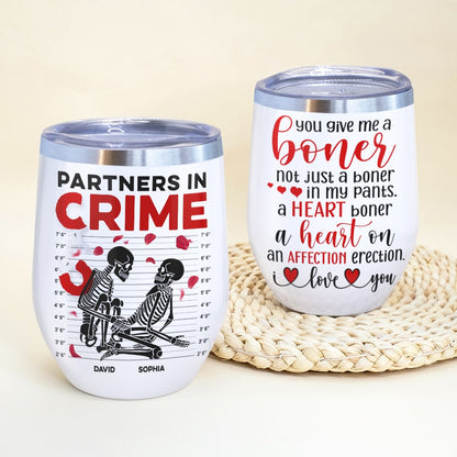 Partners In Crime-Gift For Couple-Personalized Wine Tumbler-Skull Funny Couple Wine Tumbler
