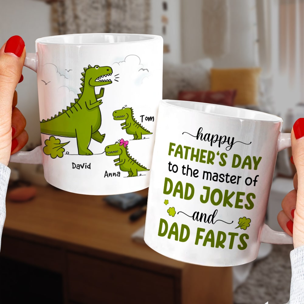 Happy Father's Day To The Master Of Dad Jokes, Personalized Mug, Gift For Dad, Father's Day Gift, Dinosaur Dad And Kids Mug