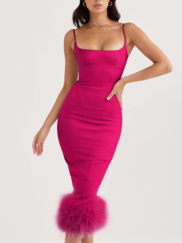 Spaghetti Straps Feather Satin Midi Dress
