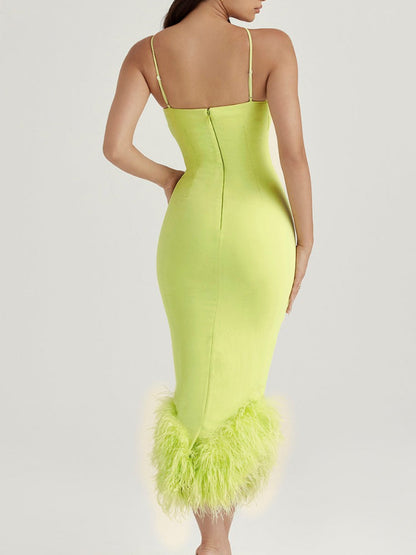 Asymmetric Neckline Feather Trim Midi Dress