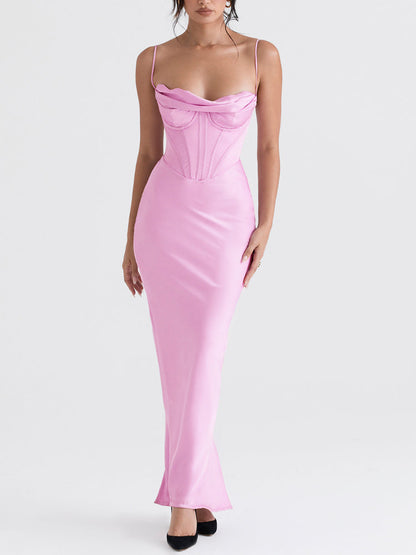 Satin Sleeveless Corset Cowl Neck Maxi Dress