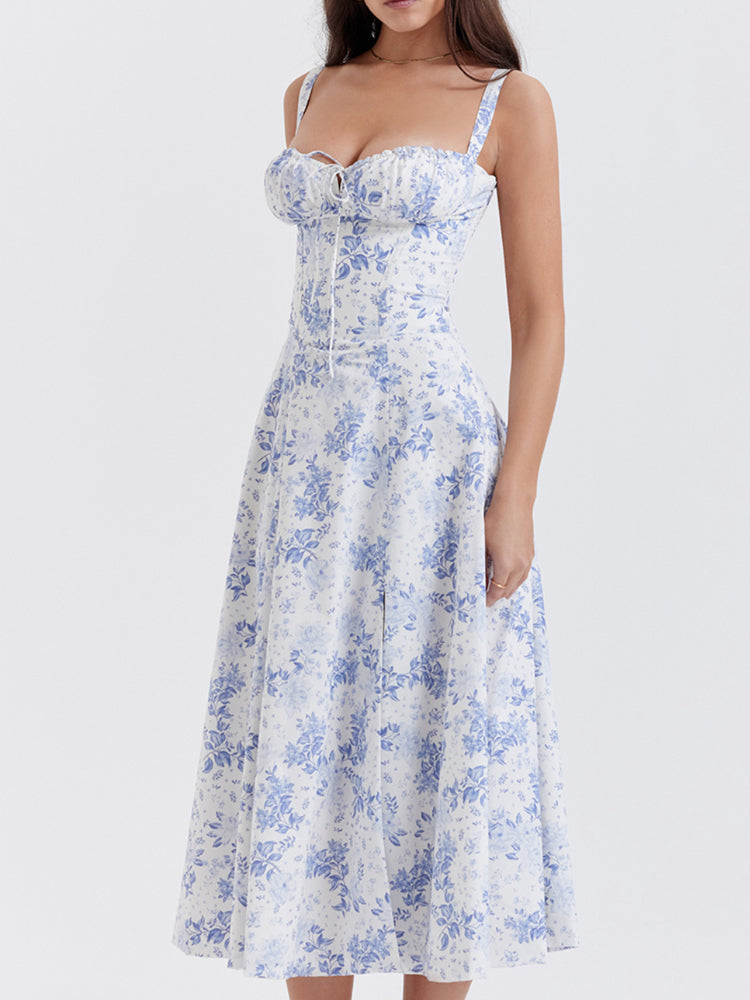 High Waist Back Lace Up Side Slit Midi Dress