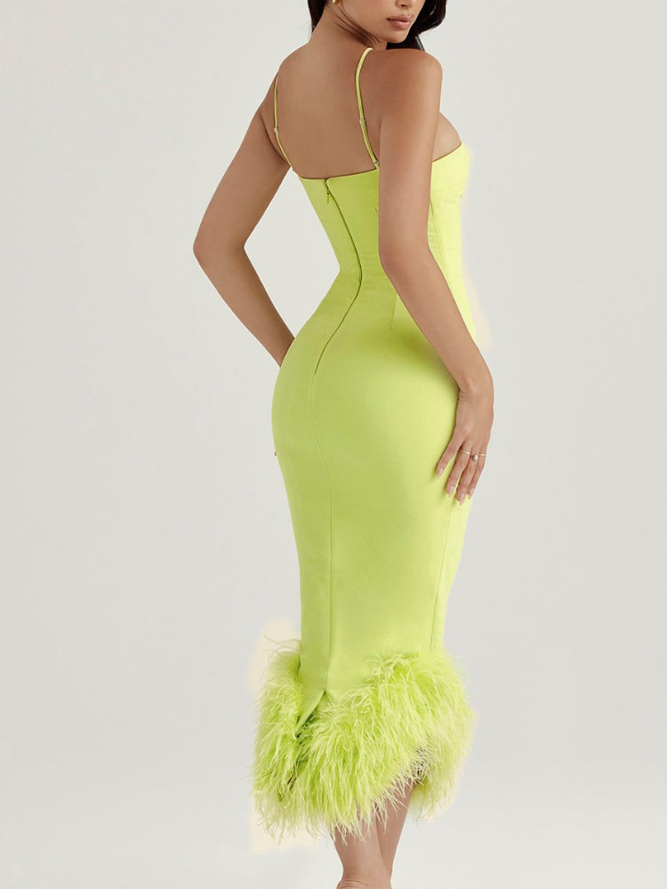 Asymmetric Neckline Feather Trim Midi Dress