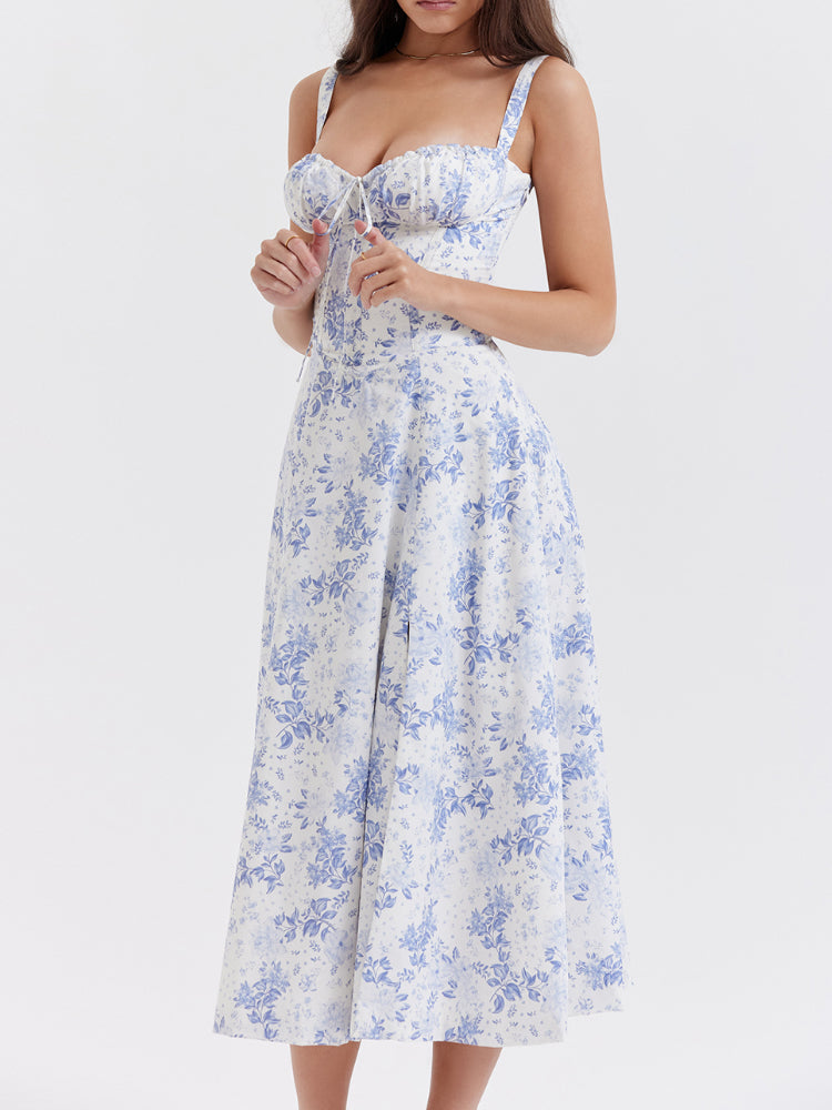 High Waist Back Lace Up Side Slit Midi Dress