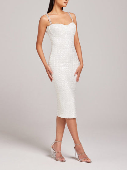 Sequin Diamante Strap Sweetheart Neck Bodycon Midi Dress
