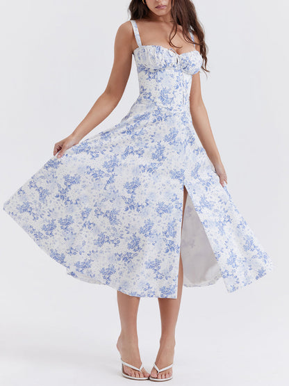 High Waist Back Lace Up Side Slit Midi Dress