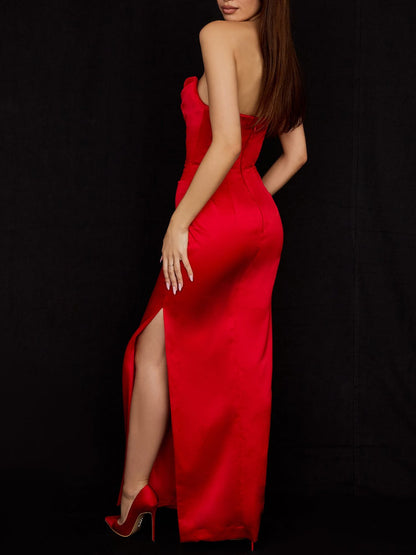 Strapless Satin High Side Slit Maxi Prom Dress
