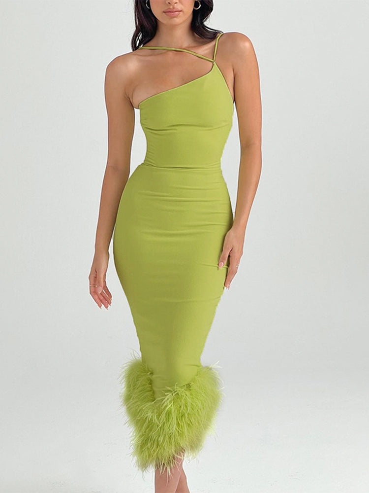 Asymmetric Neckline Feather Trim Midi Dress