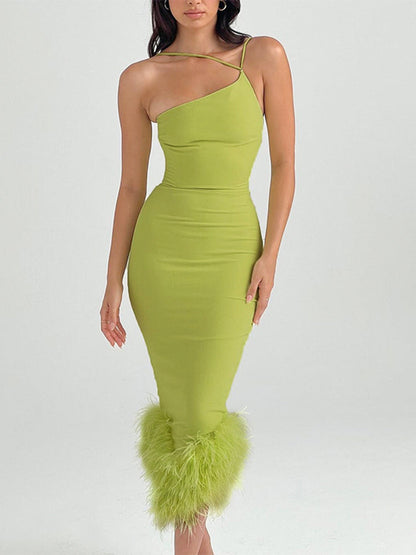 Asymmetric Neckline Feather Trim Midi Dress