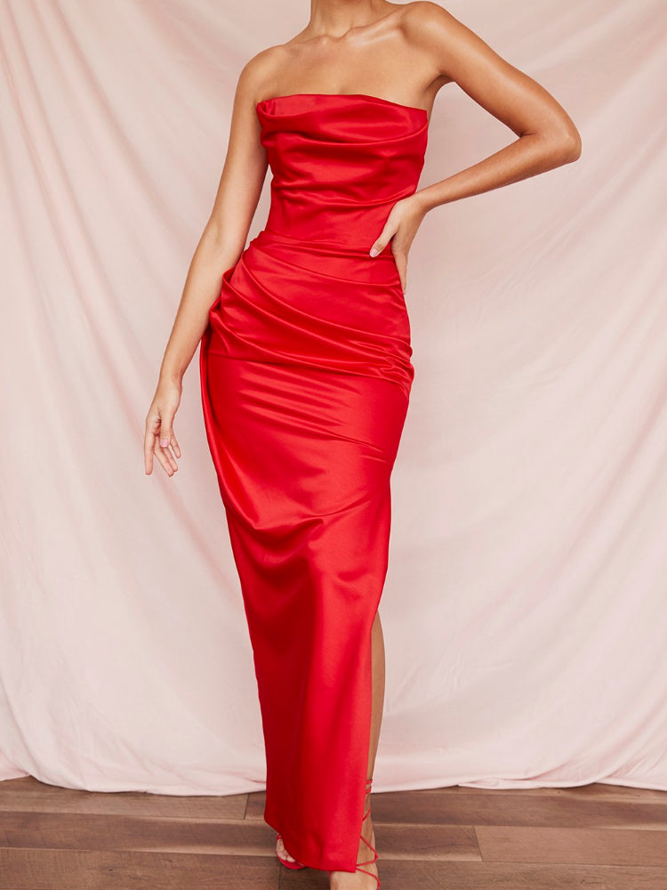 Strapless Satin High Side Slit Maxi Prom Dress