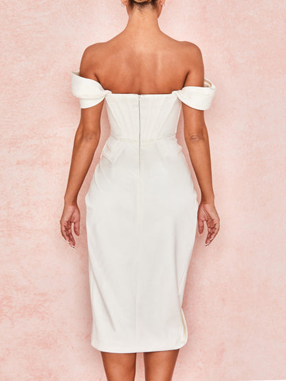 Satin Off Shoulder Side Slit Midi Formal Dress