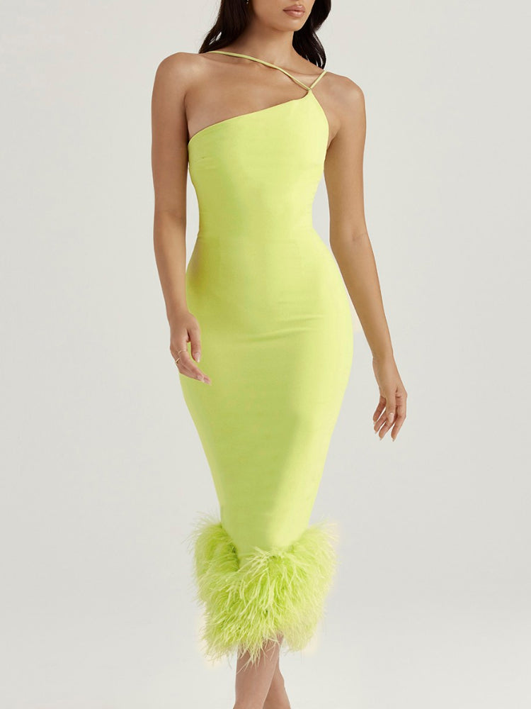 Asymmetric Neckline Feather Trim Midi Dress