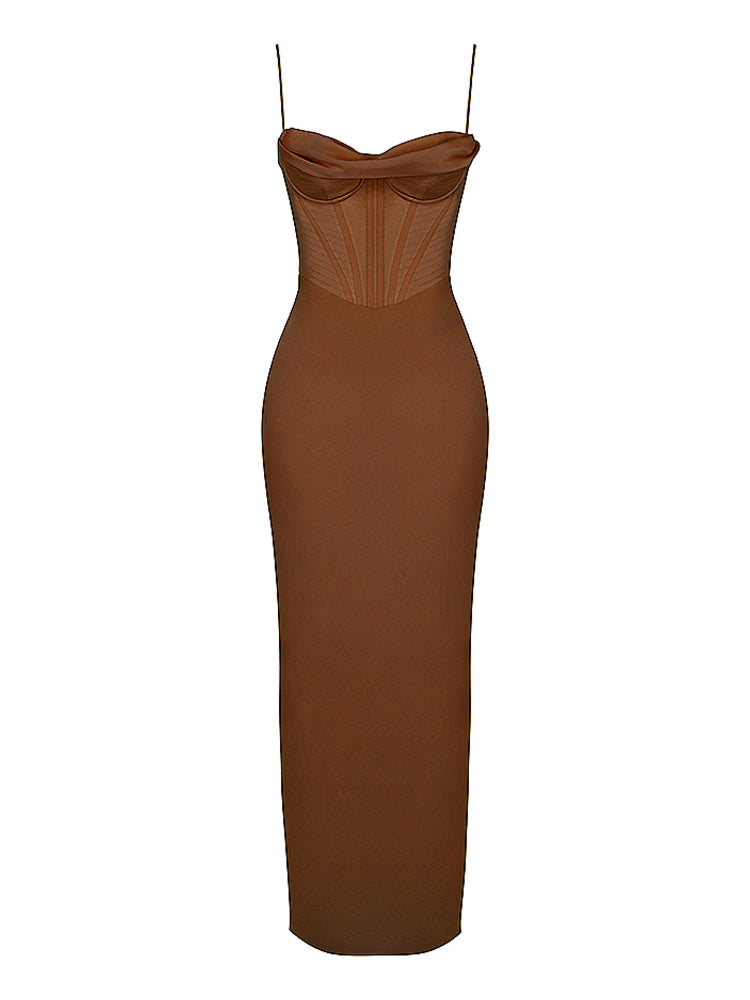 Satin Sleeveless Corset Cowl Neck Maxi Dress