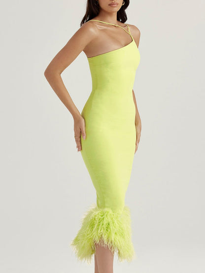 Asymmetric Neckline Feather Trim Midi Dress