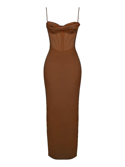 Satin Sleeveless Corset Cowl Neck Maxi Dress