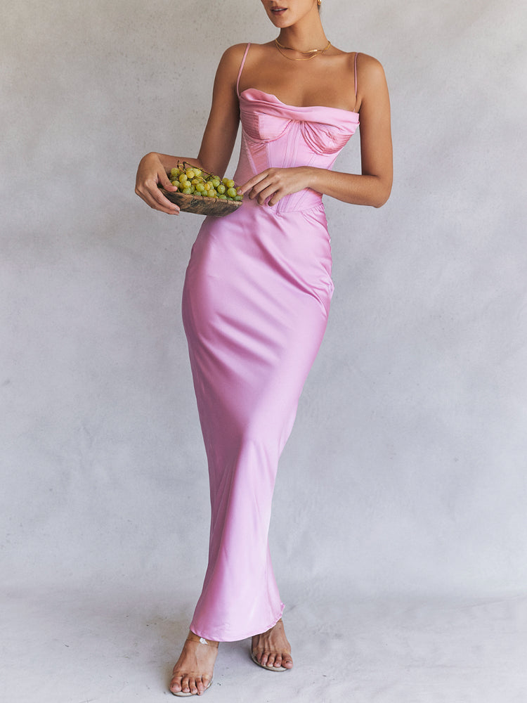 Satin Sleeveless Corset Cowl Neck Maxi Dress