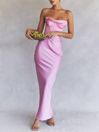 Satin Sleeveless Corset Cowl Neck Maxi Dress