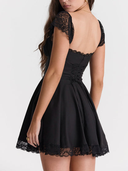 Lace Cap Sleeves Empire Waist Mini Dress