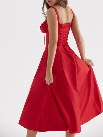 High Waist Back Lace Up Side Slit Midi Dress