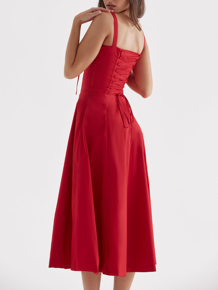 High Waist Back Lace Up Side Slit Midi Dress