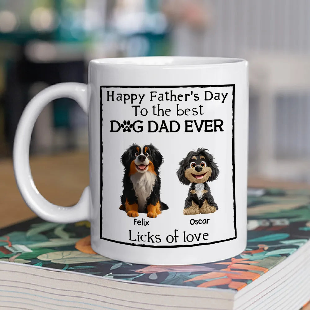 Happy Father's Day Mug Cartoon Dogs Sitting Together with Licks of Love Personalized Gift for Dog Dads