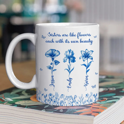 Sisterhood Mug with Names and Flowers Personalized Floral Gift for Sister or Best Friend