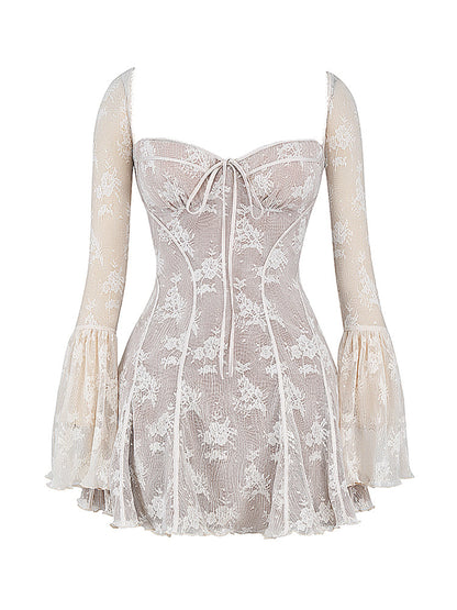 Vintage Floral Lace Long Sleeves Floaty Mini Dress