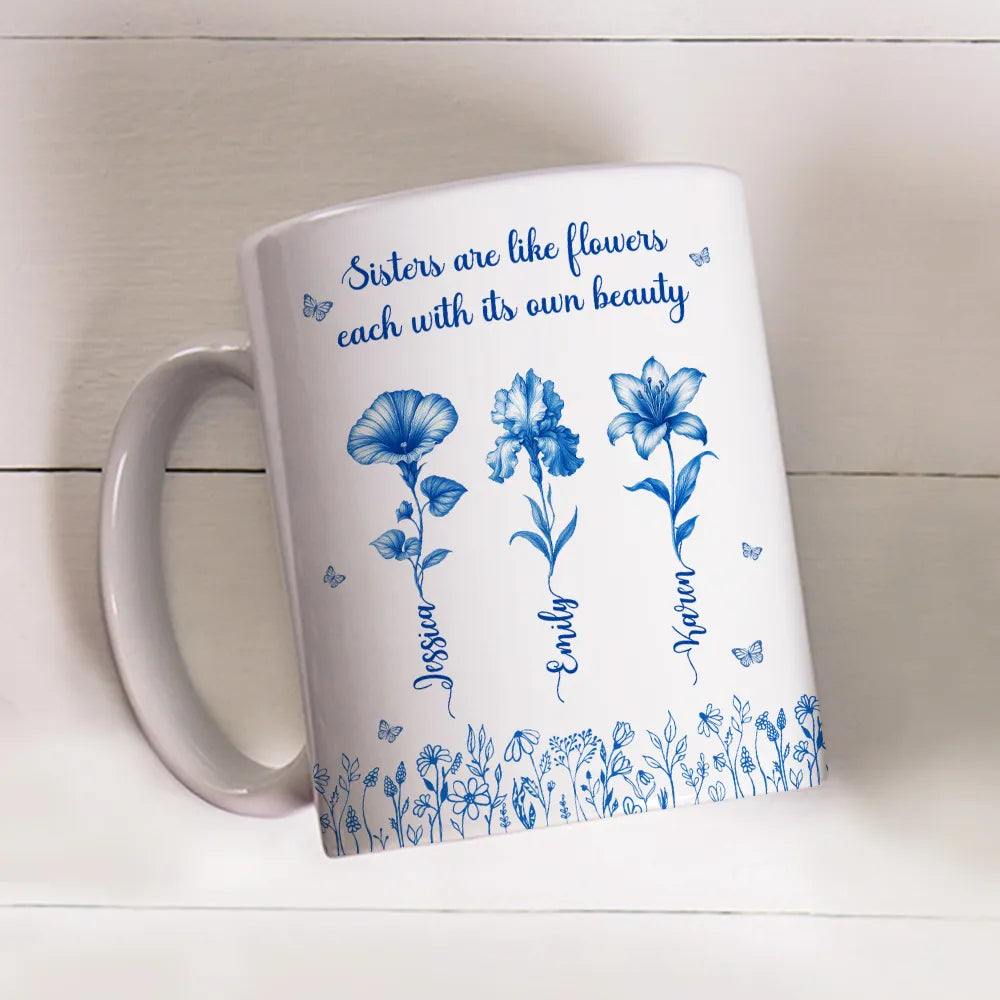 Sisterhood Mug with Names and Flowers Personalized Floral Gift for Sister or Best Friend