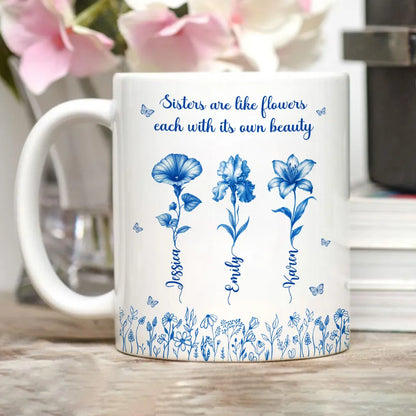 Sisterhood Mug with Names and Flowers Personalized Floral Gift for Sister or Best Friend