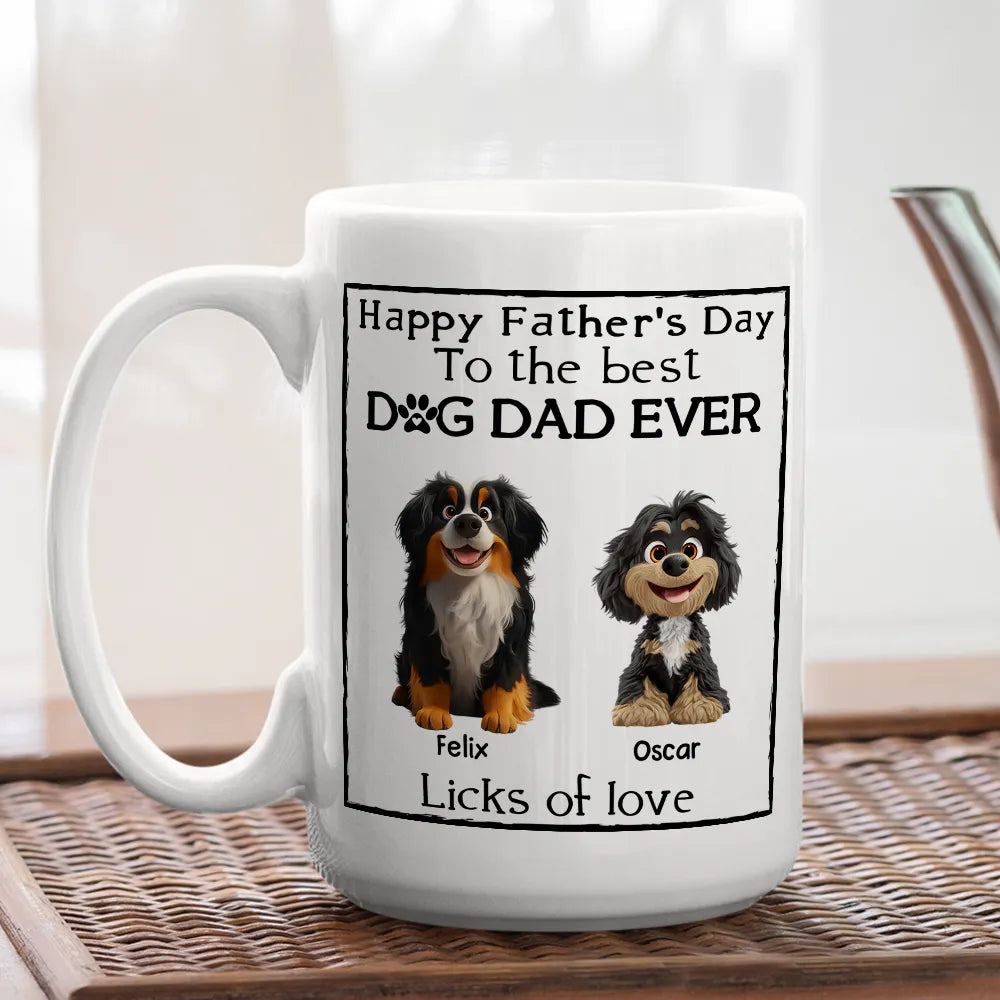 Happy Father's Day Mug Cartoon Dogs Sitting Together with Licks of Love Personalized Gift for Dog Dads