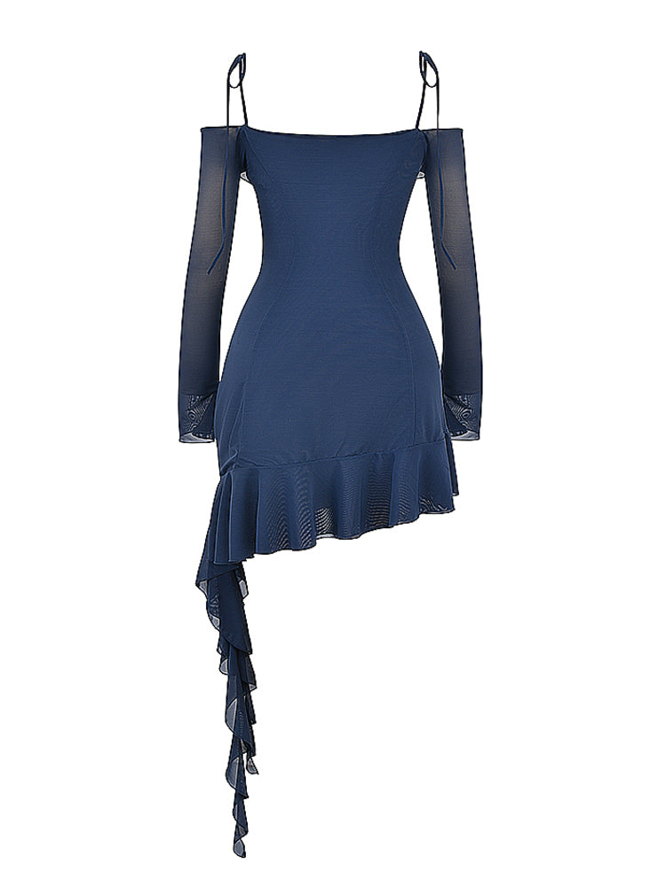 Navy Ruffle Mesh Long Sleeve Asymmetric Mini Dress