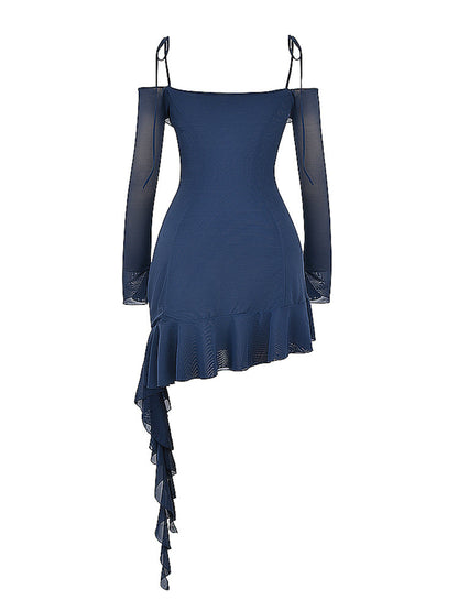 Navy Ruffle Mesh Long Sleeve Asymmetric Mini Dress