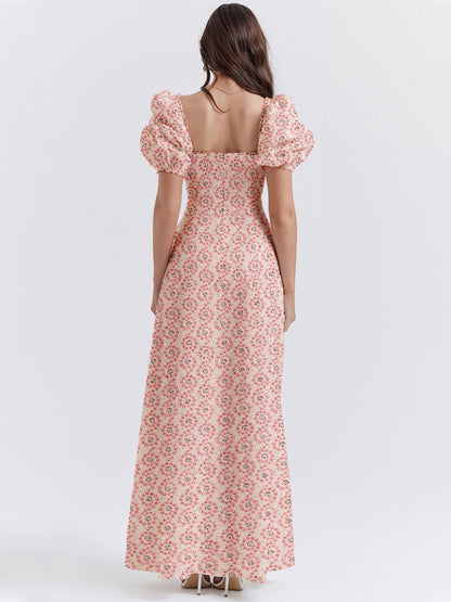 Floral Print Square Neckline Puff Sleeves Maxi Dress